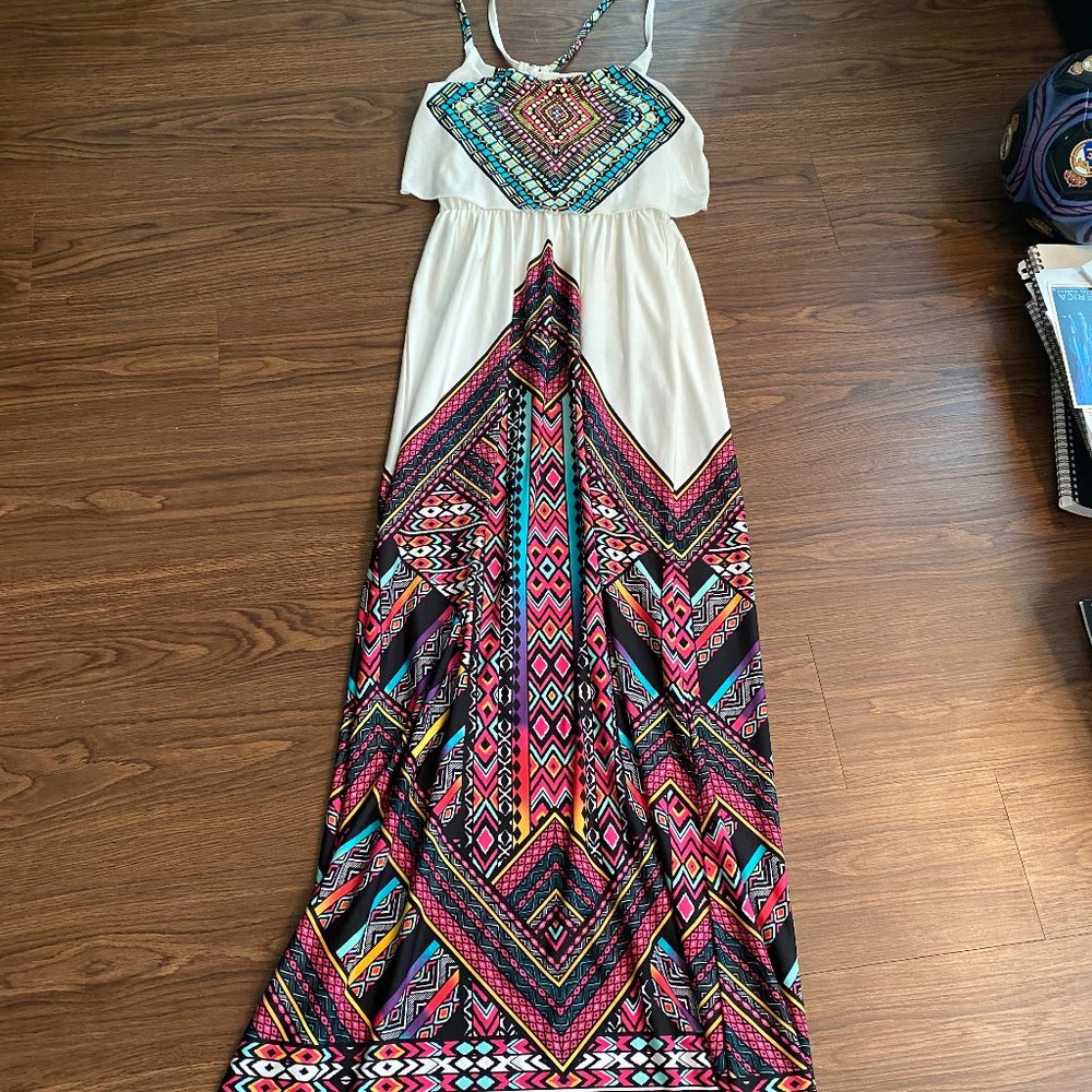 Spaghetti Strap Maxi Dress White Aztec Pink Green Black Design Silk Size Small